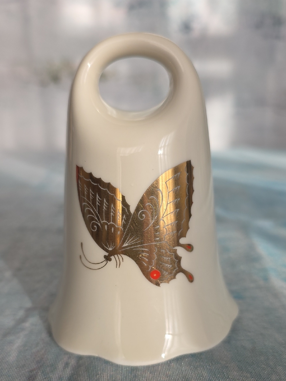 Takahashi Decorative Cream Porcelain Bell with Gold Butterfly Accent